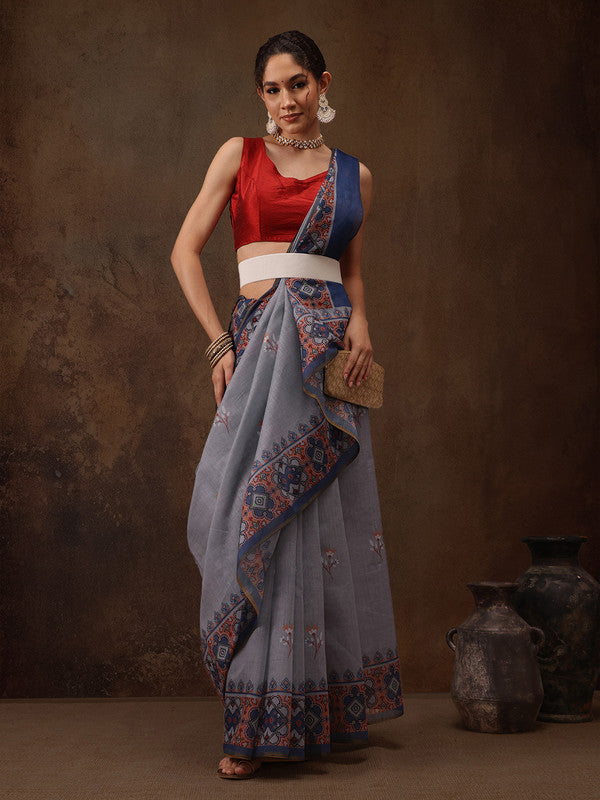 Gray Cotton Blend Digital Print Floral Saree with Unstitched Blouse - Hiral Fashion | Swadesiicart
