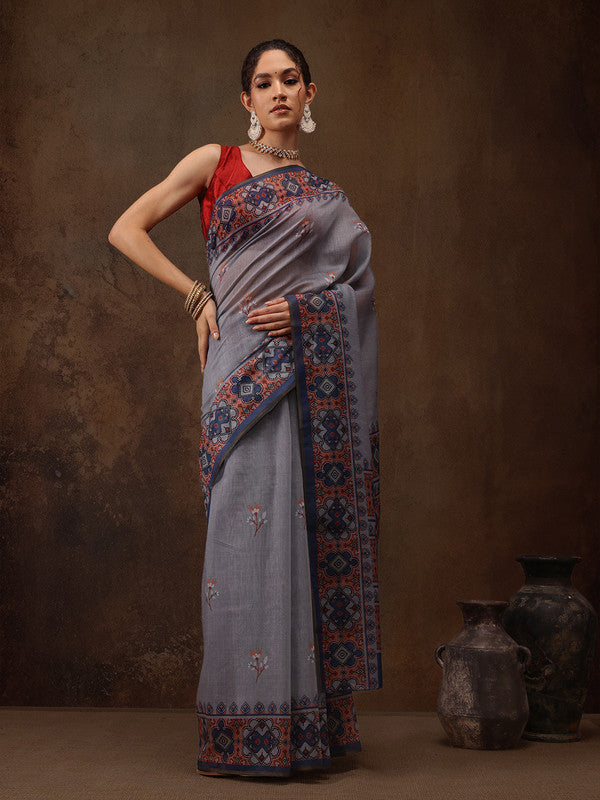 Gray Cotton Blend Digital Print Floral Saree with Unstitched Blouse - Hiral Fashion | Swadesiicart