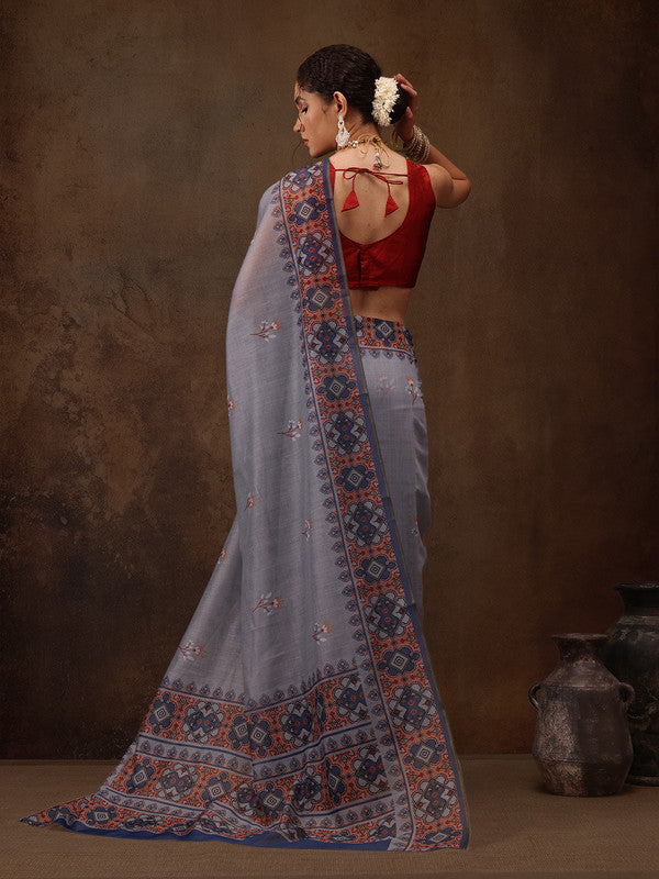 Gray Cotton Blend Digital Print Floral Saree with Unstitched Blouse - Hiral Fashion | Swadesiicart