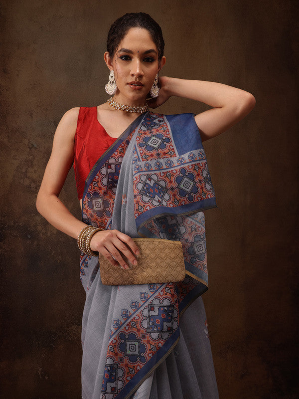 Gray Cotton Blend Digital Print Floral Saree with Unstitched Blouse - Hiral Fashion | Swadesiicart