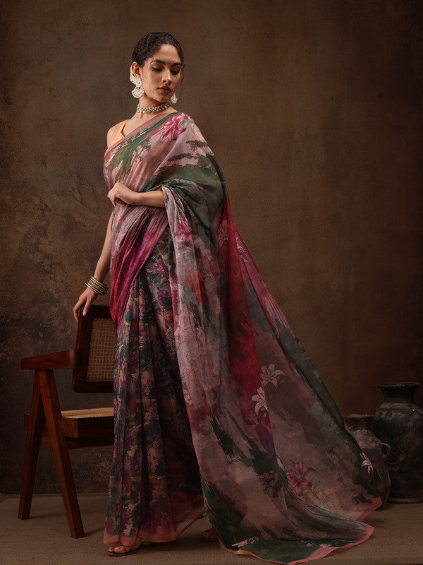 Multicolor Silk Blend Digital Print Floral Saree with Unstitched Blouse - Hiral Fashion | Swadesiicart