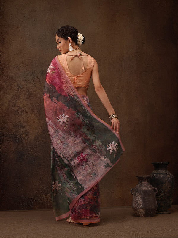 Multicolor Silk Blend Digital Print Floral Saree with Unstitched Blouse - Hiral Fashion | Swadesiicart