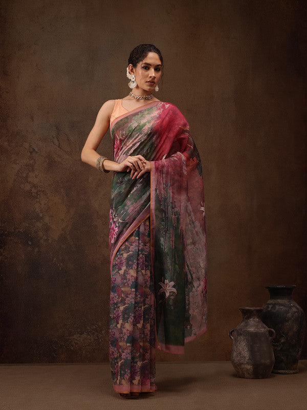 Multicolor Silk Blend Digital Print Floral Saree with Unstitched Blouse - Hiral Fashion | Swadesiicart