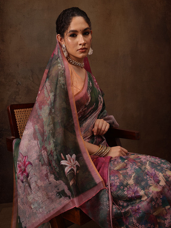 Multicolor Silk Blend Digital Print Floral Saree with Unstitched Blouse - Hiral Fashion | Swadesiicart