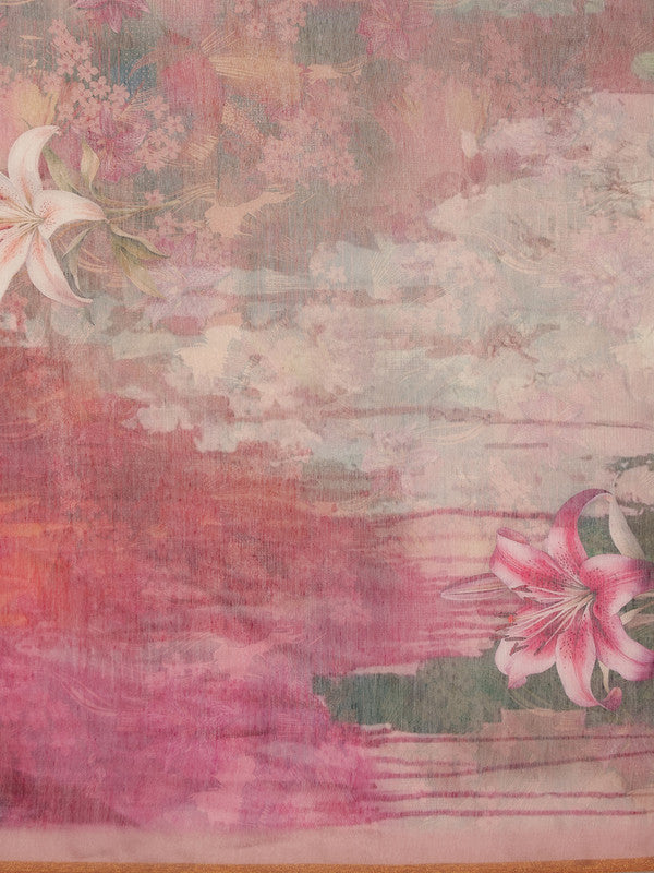 Multicolor Silk Blend Digital Print Floral Saree with Unstitched Blouse - Hiral Fashion | Swadesiicart