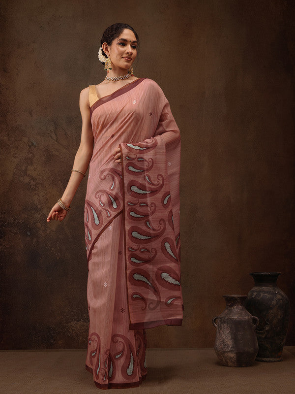Peach Cotton Blend Digital Print Floral Saree with Unstitched Blouse - Hiral Fashion | Swadesiicart