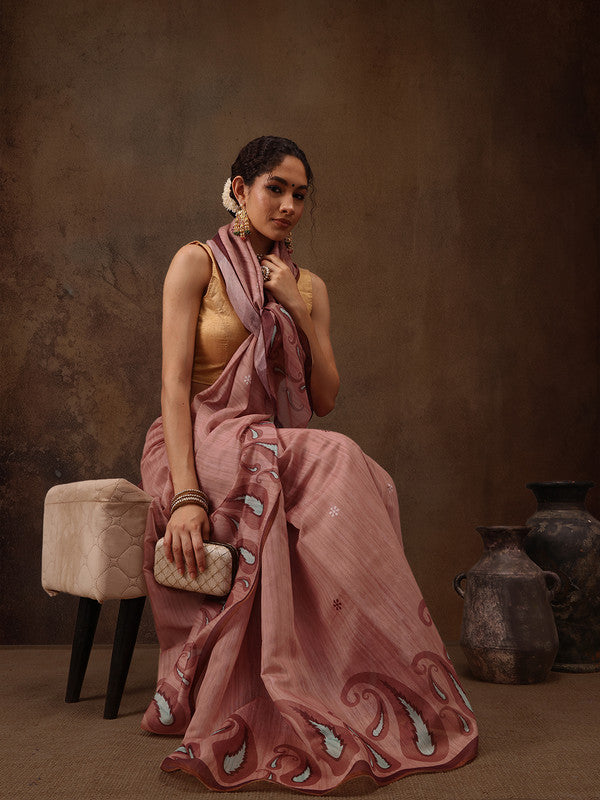 Peach Cotton Blend Digital Print Floral Saree with Unstitched Blouse - Hiral Fashion | Swadesiicart