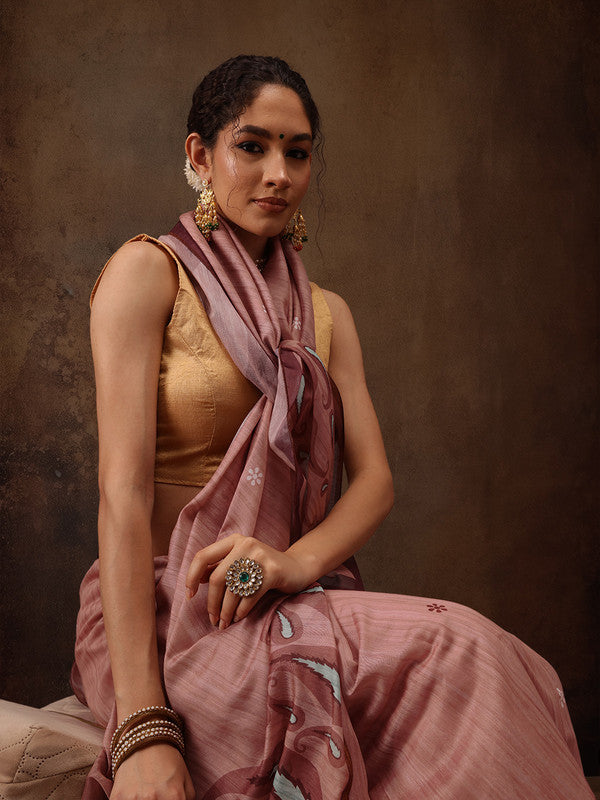 Peach Cotton Blend Digital Print Floral Saree with Unstitched Blouse - Hiral Fashion | Swadesiicart