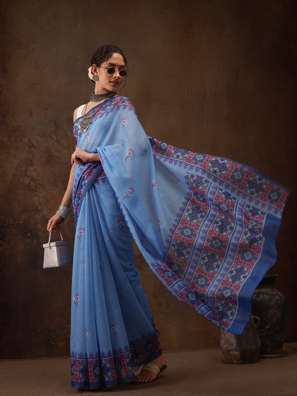 Sky Blue Cotton Blend Digital Print Floral Saree with Unstitched Blouse - Hiral Fashion | Swadesiicart
