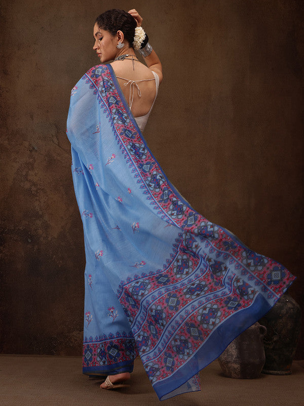 Sky Blue Cotton Blend Digital Print Floral Saree with Unstitched Blouse - Hiral Fashion | Swadesiicart