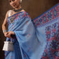 Sky Blue Cotton Blend Digital Print Floral Saree with Unstitched Blouse - Hiral Fashion | Swadesiicart