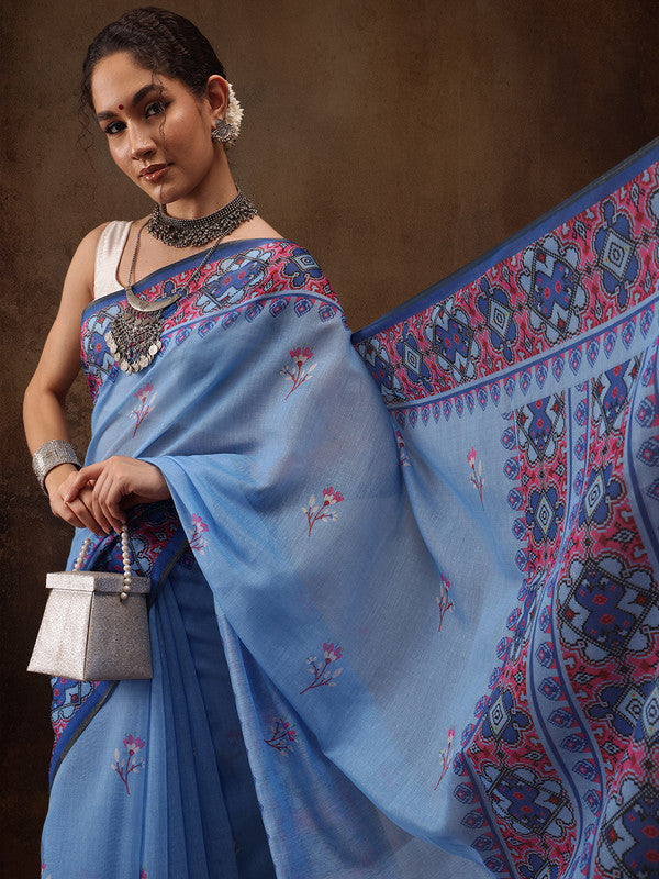 Sky Blue Cotton Blend Digital Print Floral Saree with Unstitched Blouse - Hiral Fashion | Swadesiicart