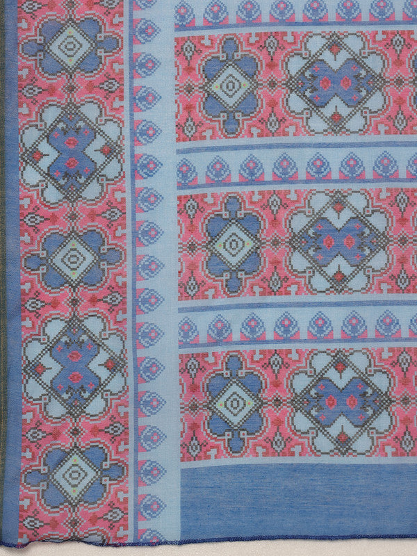 Sky Blue Cotton Blend Digital Print Floral Saree with Unstitched Blouse - Hiral Fashion | Swadesiicart