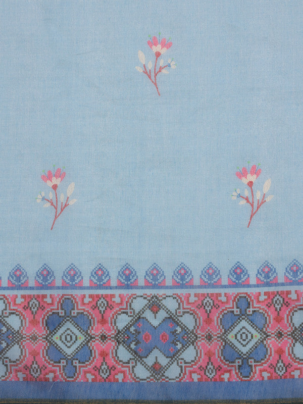 Sky Blue Cotton Blend Digital Print Floral Saree with Unstitched Blouse - Hiral Fashion | Swadesiicart