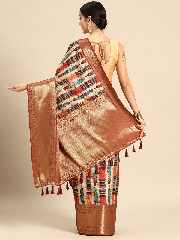 Beige Kanchipuram Silk Digital Print Abstract Saree with Unstitched Blouse - Hiral Fashion | Swadesiicart