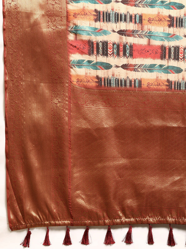 Beige Kanchipuram Silk Digital Print Abstract Saree with Unstitched Blouse - Hiral Fashion | Swadesiicart