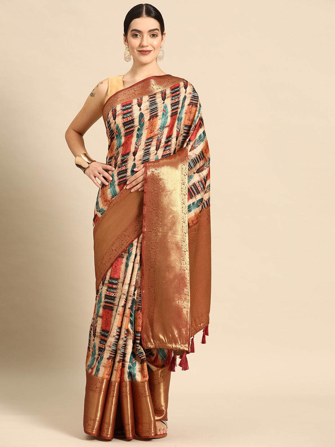 Beige Kanchipuram Silk Digital Print Abstract Saree with Unstitched Blouse - Hiral Fashion | Swadesiicart