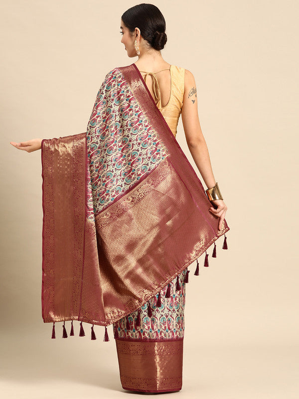 Off White Kanchipuram Silk Digital Print Paisely Saree with Unstitched Blouse - Hiral Fashion | Swadesiicart