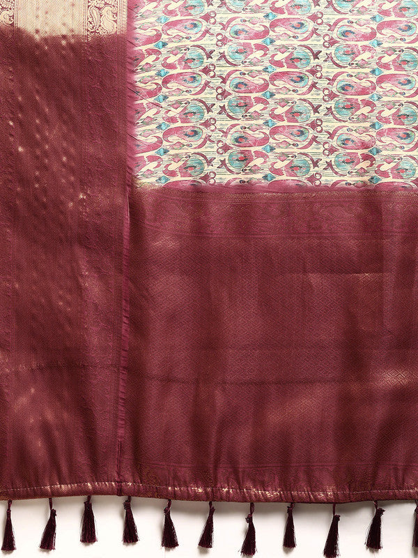 Off White Kanchipuram Silk Digital Print Paisely Saree with Unstitched Blouse - Hiral Fashion | Swadesiicart