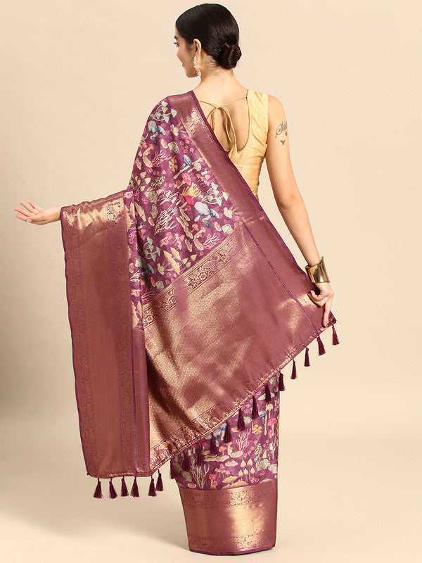 Purple Kanchipuram Silk Digital Print Floral Saree with Unstitched Blouse - Hiral Fashion | Swadesiicart