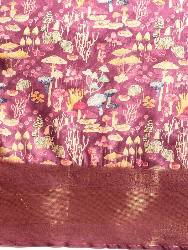 Purple Kanchipuram Silk Digital Print Floral Saree with Unstitched Blouse - Hiral Fashion | Swadesiicart