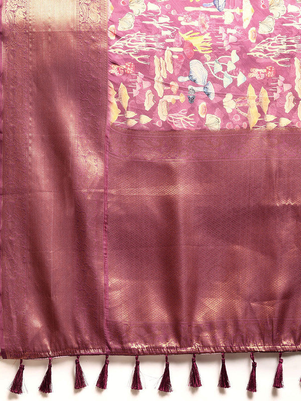 Purple Kanchipuram Silk Digital Print Floral Saree with Unstitched Blouse - Hiral Fashion | Swadesiicart