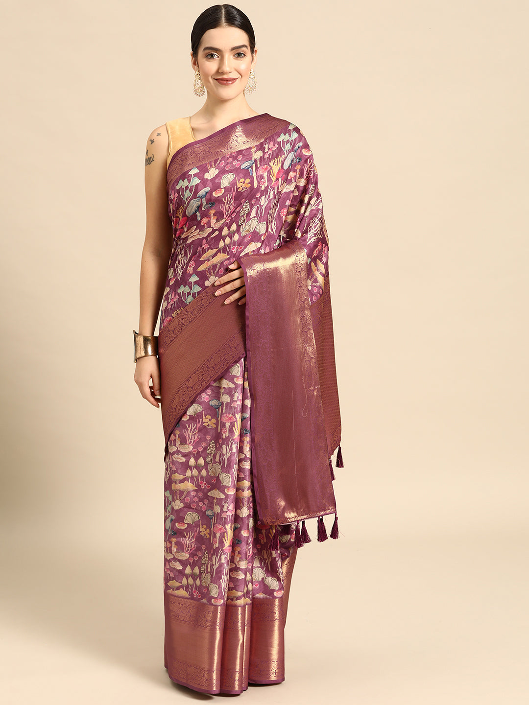 Purple Kanchipuram Silk Digital Print Floral Saree with Unstitched Blouse - Hiral Fashion | Swadesiicart