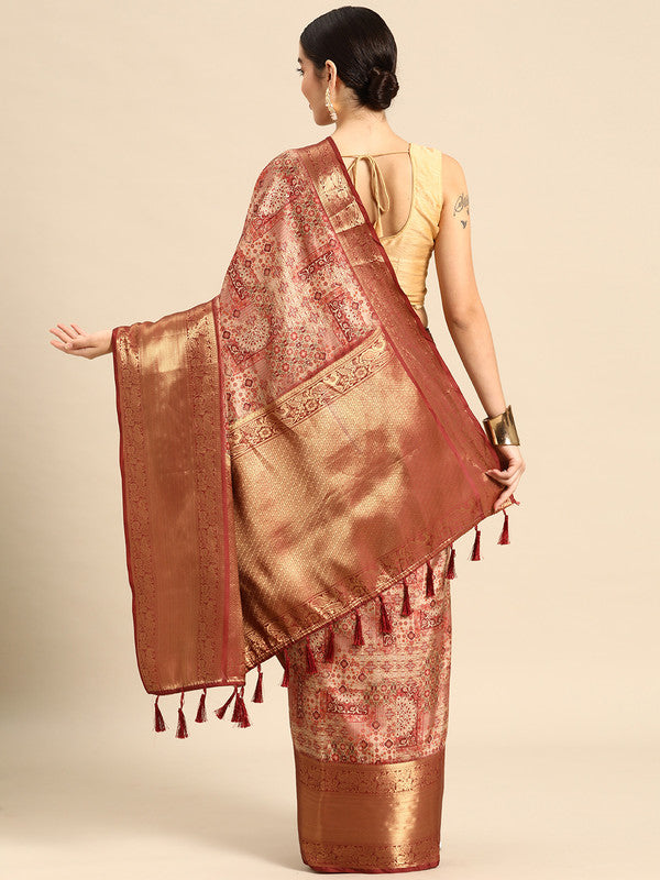 Maroon Kanchipuram Silk Digital Print Abstract Saree with Unstitched Blouse - Hiral Fashion | Swadesiicart