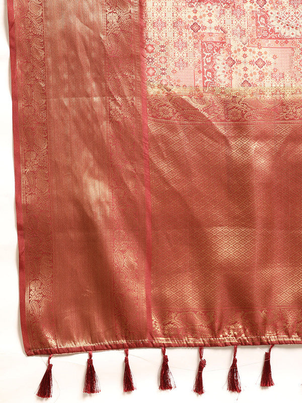Maroon Kanchipuram Silk Digital Print Abstract Saree with Unstitched Blouse - Hiral Fashion | Swadesiicart