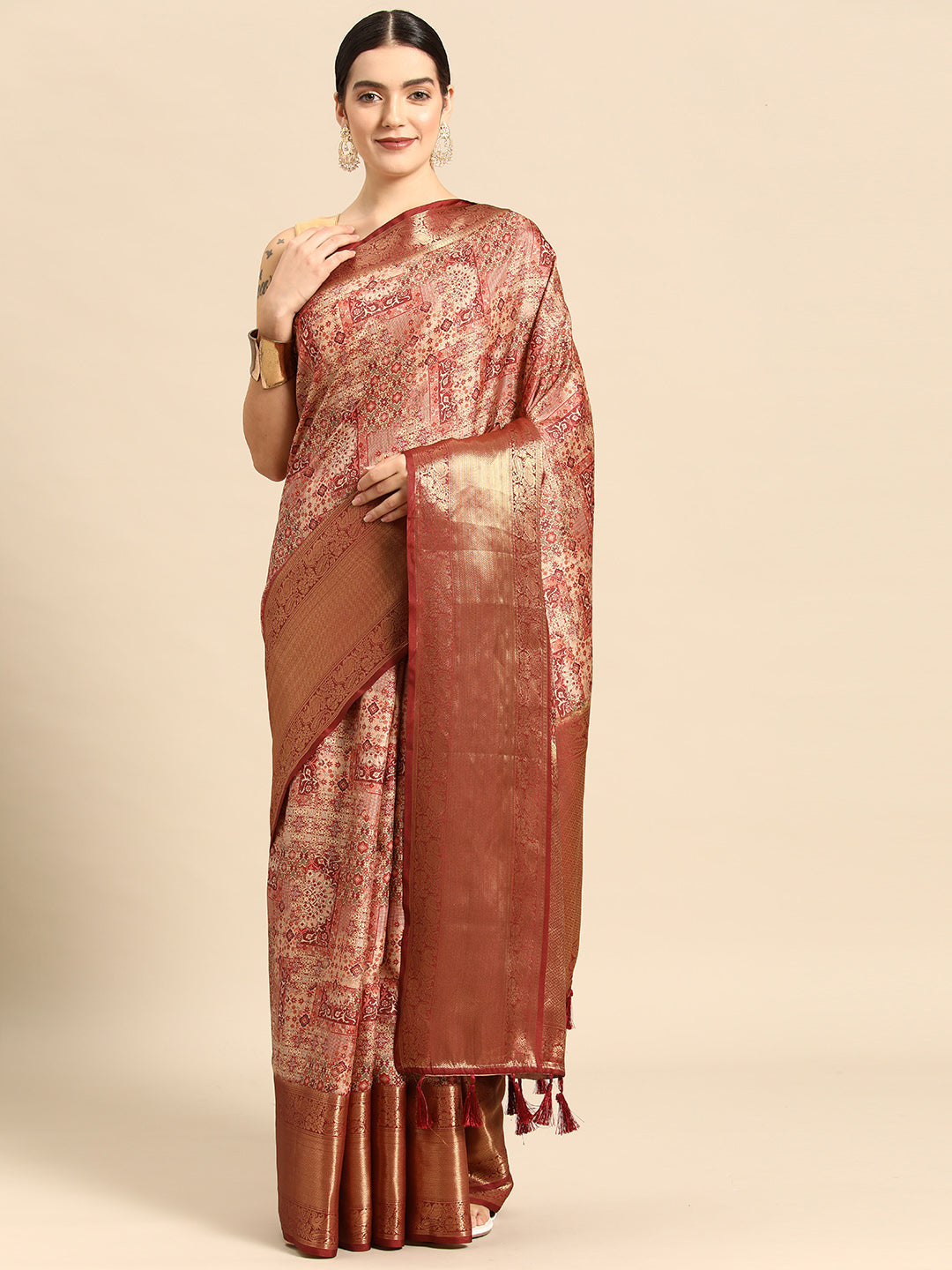 Maroon Kanchipuram Silk Digital Print Abstract Saree with Unstitched Blouse - Hiral Fashion | Swadesiicart