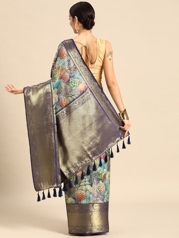 Blue Kanchipuram Silk Digital Print Floral Saree with Unstitched Blouse - Hiral Fashion | Swadesiicart