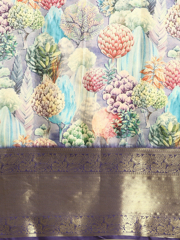 Blue Kanchipuram Silk Digital Print Floral Saree with Unstitched Blouse - Hiral Fashion | Swadesiicart