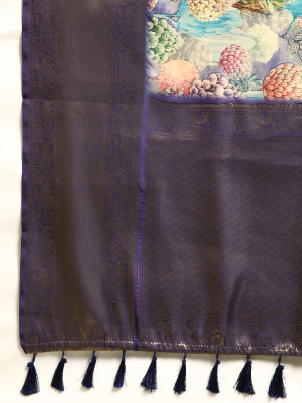 Blue Kanchipuram Silk Digital Print Floral Saree with Unstitched Blouse - Hiral Fashion | Swadesiicart