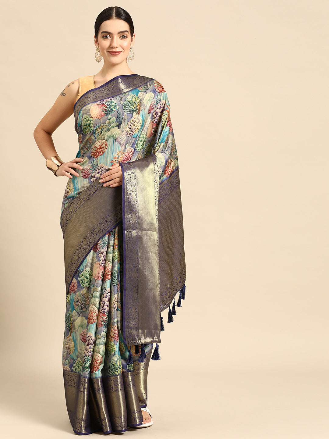 Blue Kanchipuram Silk Digital Print Floral Saree with Unstitched Blouse - Hiral Fashion | Swadesiicart