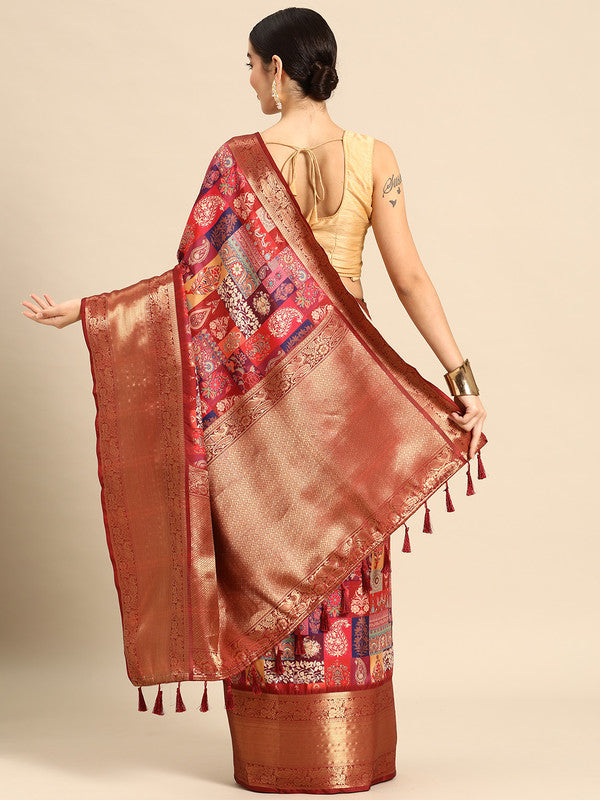 Multicolor Kanchipuram Silk Digital Print Paisely Saree with Unstitched Blouse - Hiral Fashion | Swadesiicart