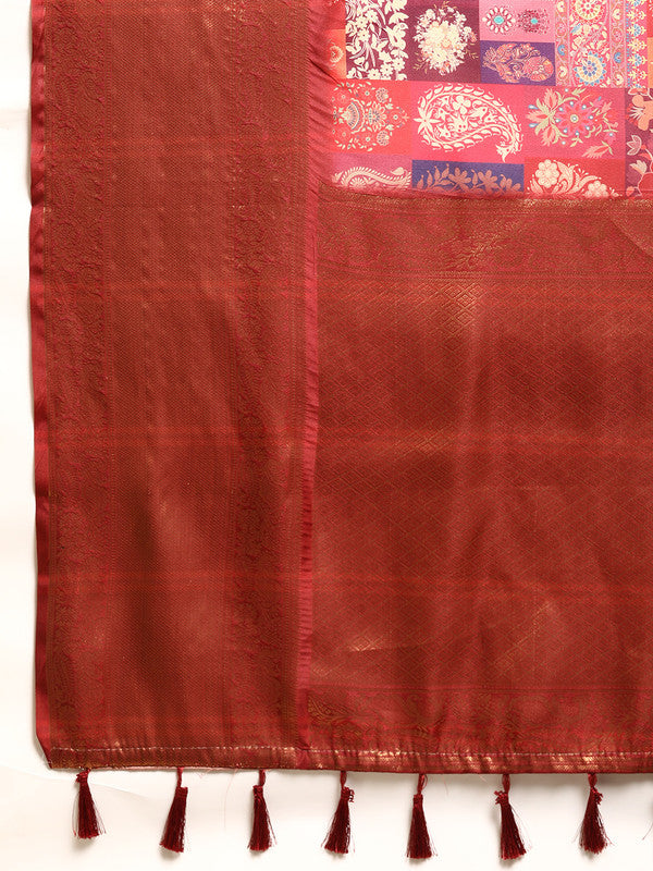 Multicolor Kanchipuram Silk Digital Print Paisely Saree with Unstitched Blouse - Hiral Fashion | Swadesiicart