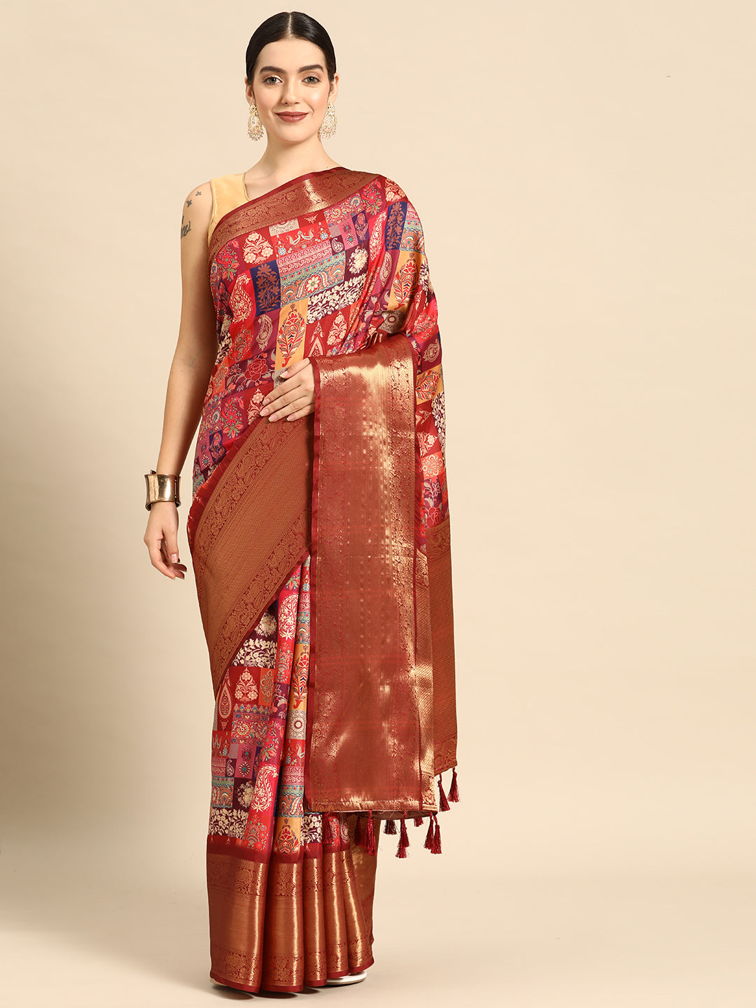 Multicolor Kanchipuram Silk Digital Print Paisely Saree with Unstitched Blouse - Hiral Fashion | Swadesiicart