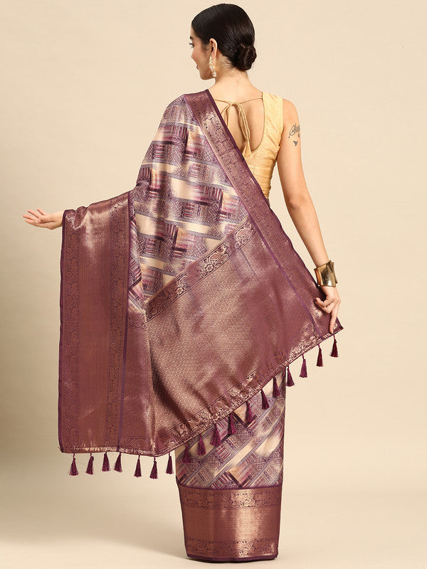 Beige Kanchipuram Silk Digital Print Geomatric Saree with Unstitched Blouse - Hiral Fashion | Swadesiicart