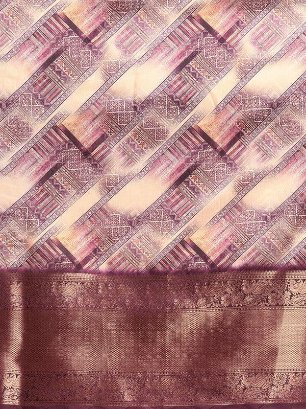 Beige Kanchipuram Silk Digital Print Geomatric Saree with Unstitched Blouse - Hiral Fashion | Swadesiicart