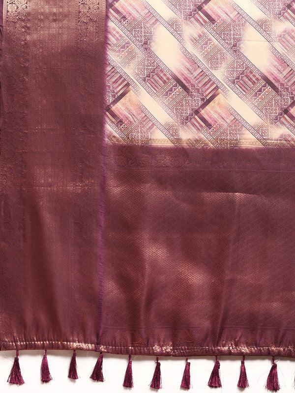 Beige Kanchipuram Silk Digital Print Geomatric Saree with Unstitched Blouse - Hiral Fashion | Swadesiicart