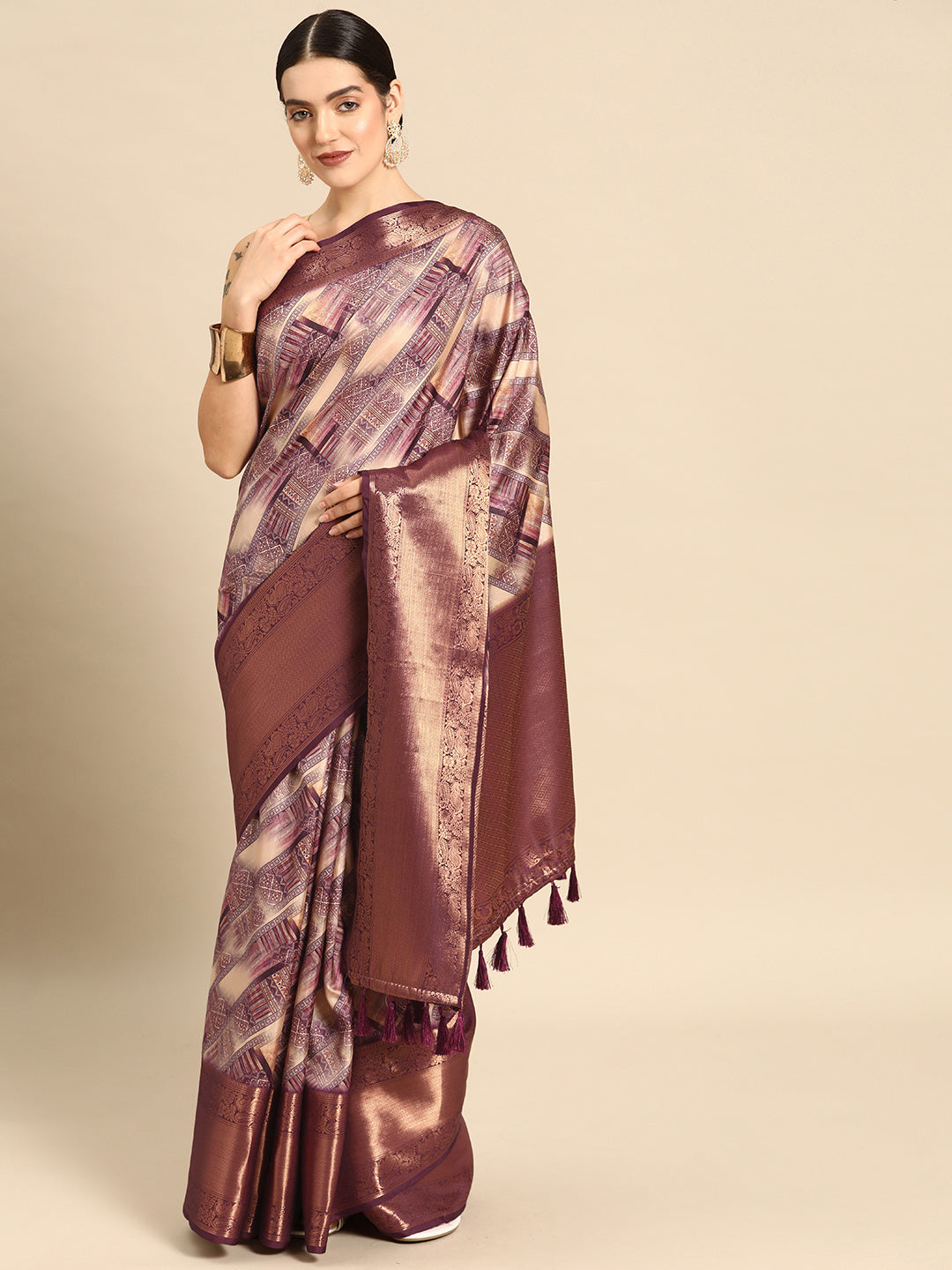 Beige Kanchipuram Silk Digital Print Geomatric Saree with Unstitched Blouse - Hiral Fashion | Swadesiicart