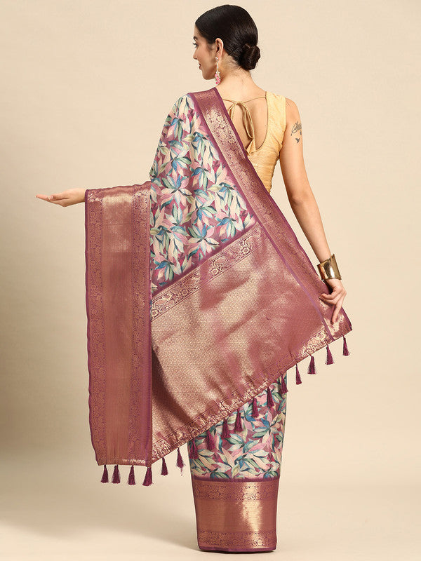 Multicolor Kanchipuram Silk Digital Print Floral Saree with Unstitched Blouse - Hiral Fashion | Swadesiicart