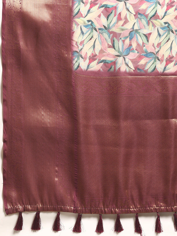 Multicolor Kanchipuram Silk Digital Print Floral Saree with Unstitched Blouse - Hiral Fashion | Swadesiicart