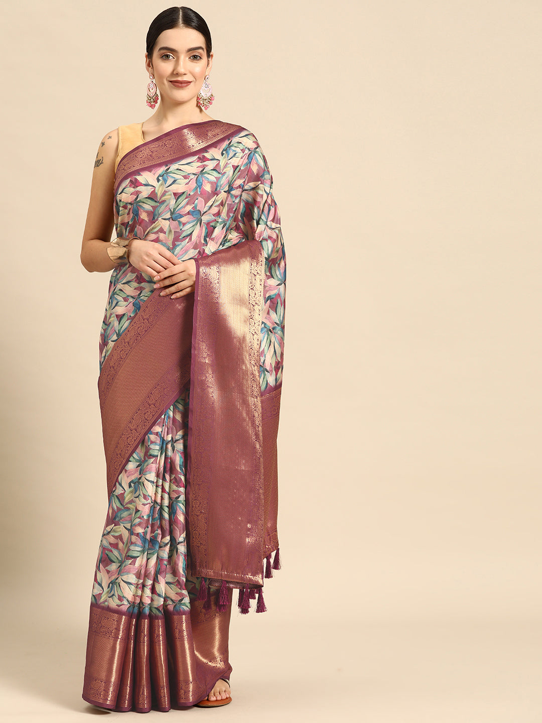 Multicolor Kanchipuram Silk Digital Print Floral Saree with Unstitched Blouse - Hiral Fashion | Swadesiicart
