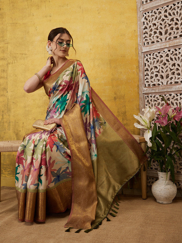 Beige Kanjeevaram Silk Digital Print Floral Saree with Unstitched Blouse - Hiral Fashion | Swadesiicart