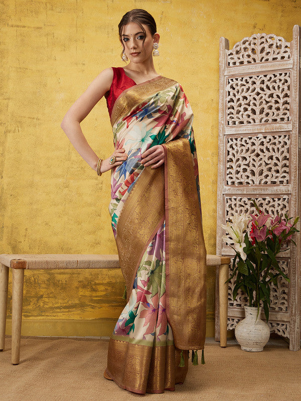 Beige Kanjeevaram Silk Digital Print Floral Saree with Unstitched Blouse - Hiral Fashion | Swadesiicart
