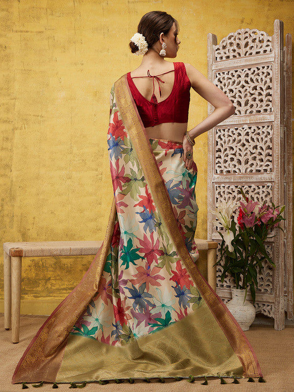 Beige Kanjeevaram Silk Digital Print Floral Saree with Unstitched Blouse - Hiral Fashion | Swadesiicart
