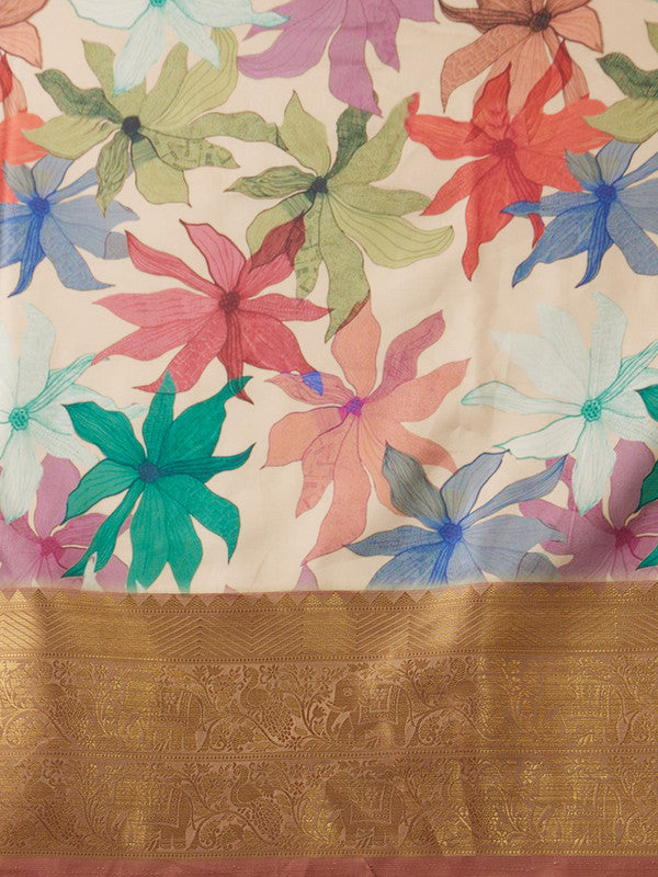 Beige Kanjeevaram Silk Digital Print Floral Saree with Unstitched Blouse - Hiral Fashion | Swadesiicart