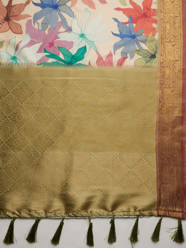 Beige Kanjeevaram Silk Digital Print Floral Saree with Unstitched Blouse - Hiral Fashion | Swadesiicart