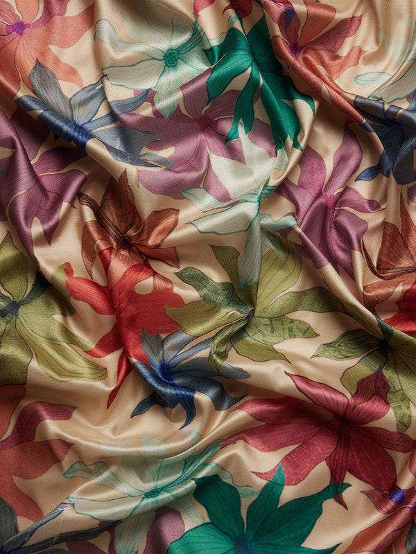 Beige Kanjeevaram Silk Digital Print Floral Saree with Unstitched Blouse - Hiral Fashion | Swadesiicart